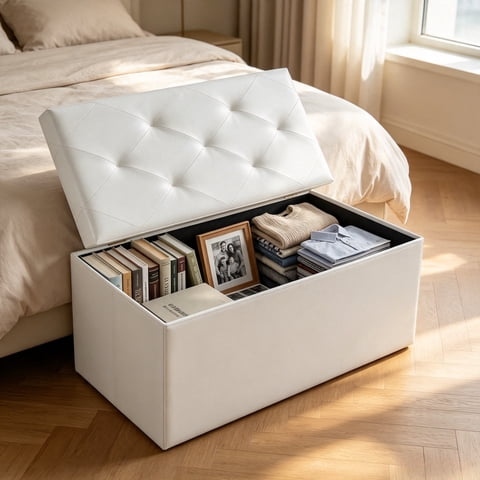 EDX 30" PVC Ottoman Bench, Folable Storage Bench for Bedroom, 29Gal Capacity, Ottoman Foot Rest Bench for Living Room, Entryway, Beige