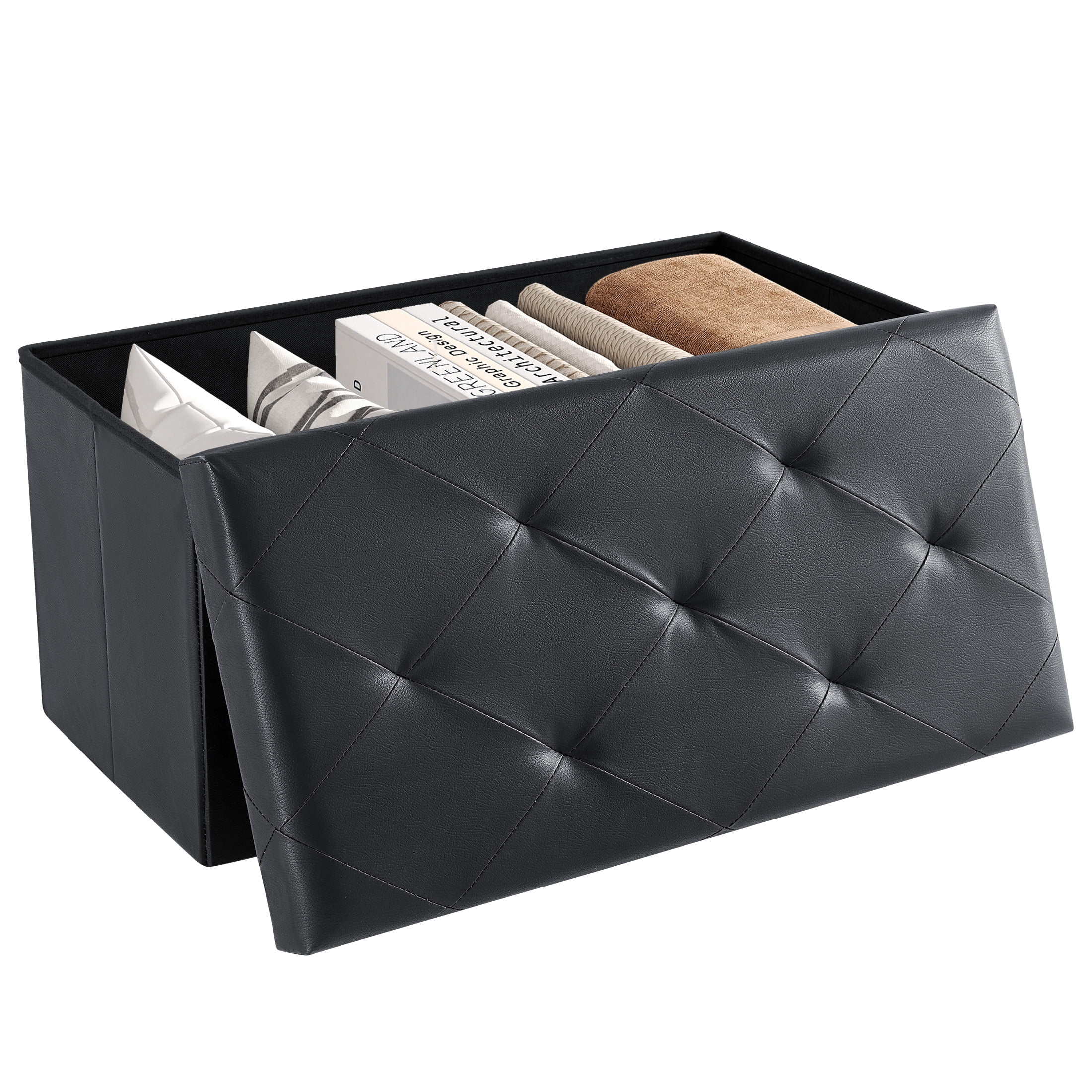 EDX 30" PVC Ottoman Bench, Folable Storage Bench for Bedroom, 29Gal Capacity, Ottoman Foot Rest Bench for Livingroom, Entryway, Black