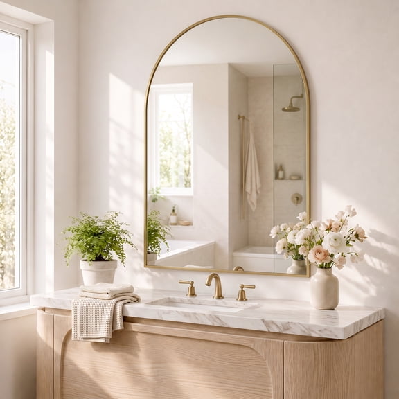 EDX 30"X 40" Arched Bathroom Mirror, Wall Mounted Mirror with Aluminum Alloy Frame, Bathroom Mirror for Living Room, Bedroom, Bathroom and Entryway, Gold