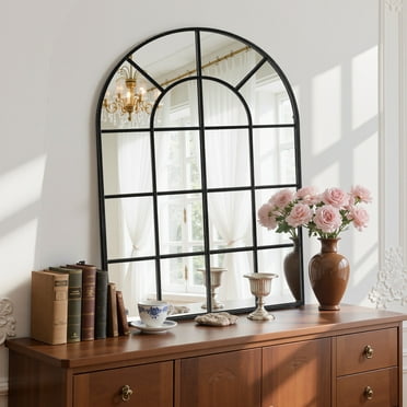 EDX 30"x40" Arched Windowpane Mirror, Wall Decor Art Mirror for Livingroom Bathroom Entryway, Black