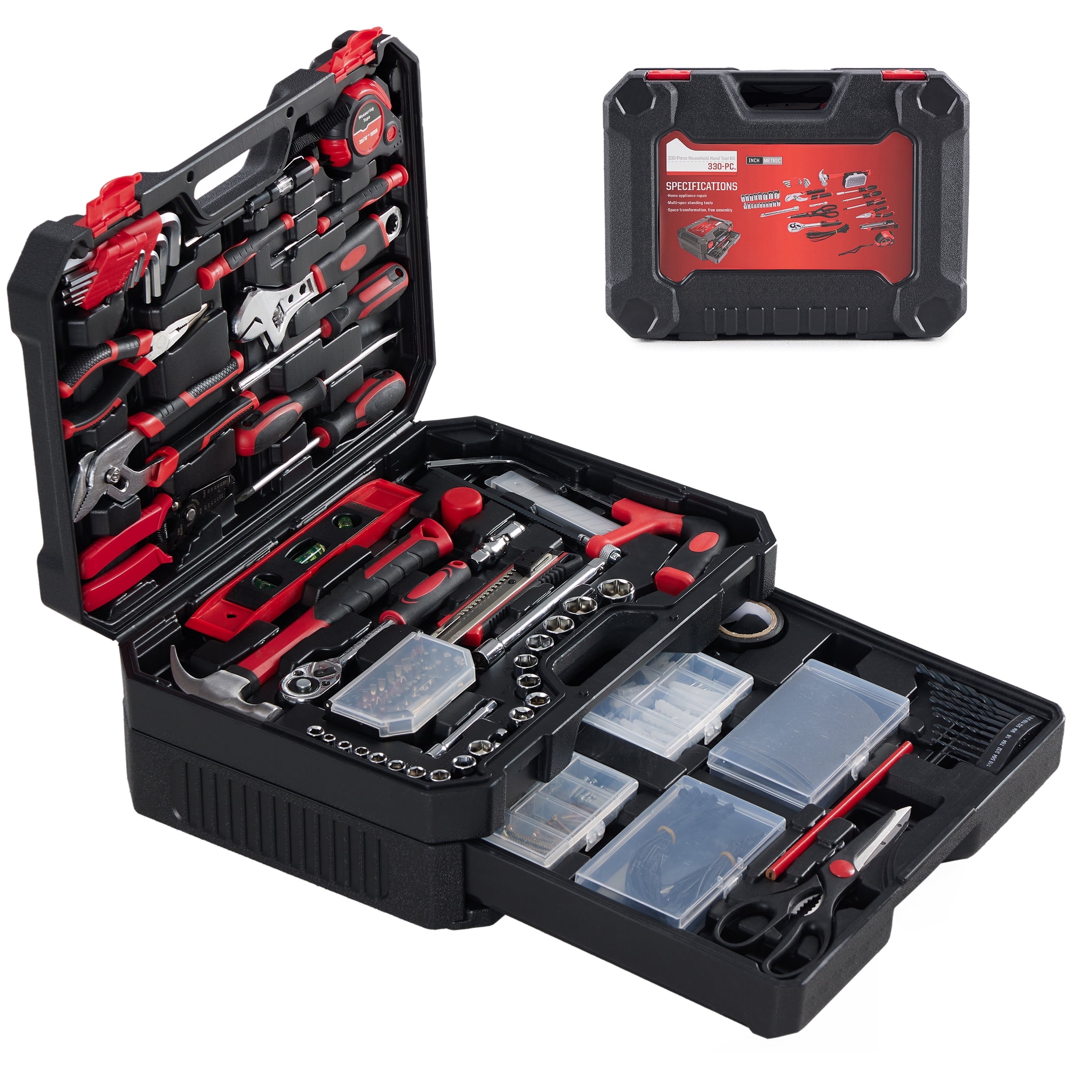 EDX 330-Piece Household Tool Set, Universal Home and Auto Repair Tool Kit with Drawer Toolbox Storage, Black and Red