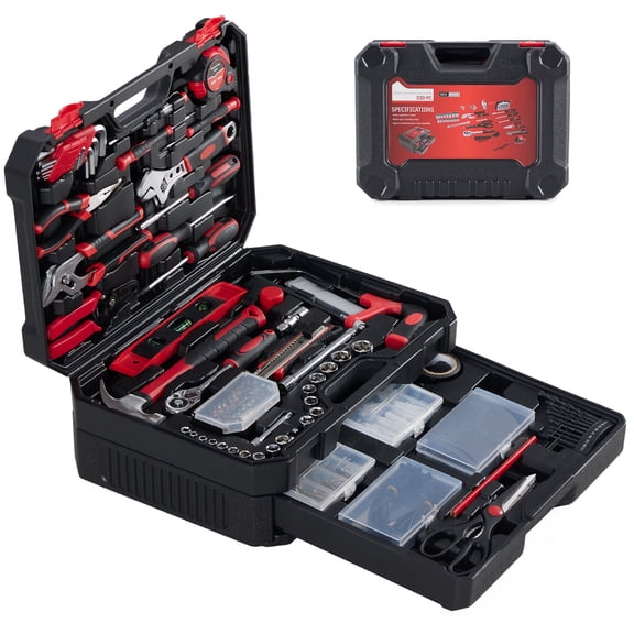 EDX 330-Piece Household Tool Set, Universal Home and Auto Repair Tool Kit with Drawer Toolbox Storage, Black and Red