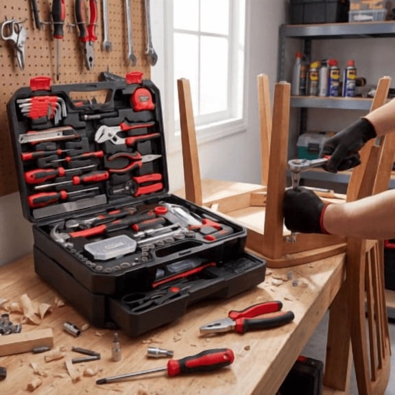EDX 330-Piece Household Tool Set, Universal Home and Auto Repair Tool Kit with Drawer Toolbox Storage, Black and Red