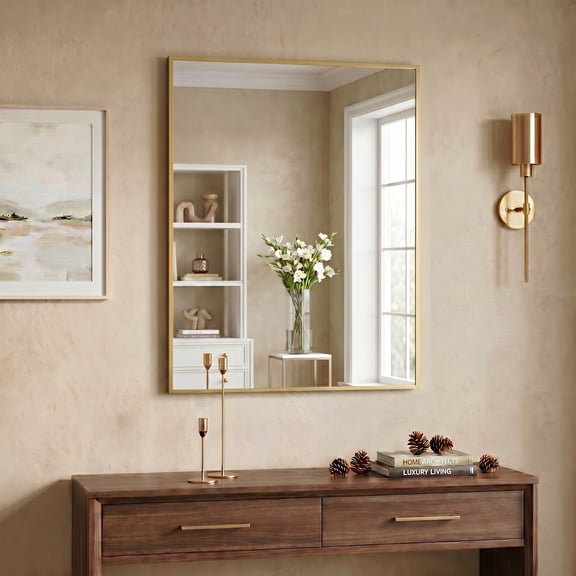 EDX 36"x 30" Wall Rectangular Mirror with Crystal Clear Reflection, Convenient Hanging Hooks, and Premium Aluminum Alloy Construction, Gold