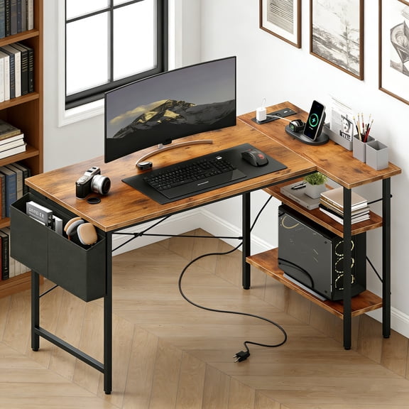 edx 39 Inch Small L Shaped Computer Desk with Power Outlets, Corner Gaming Table with Reversible Storage Shelves for Home, Office, Rust