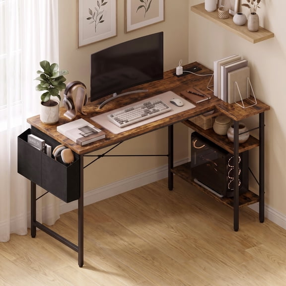 edx 39 Inch Small L Shaped Computer Desk with Power Outlets, Corner Gaming Table with Reversible Storage Shelves for Home, Office, Rust