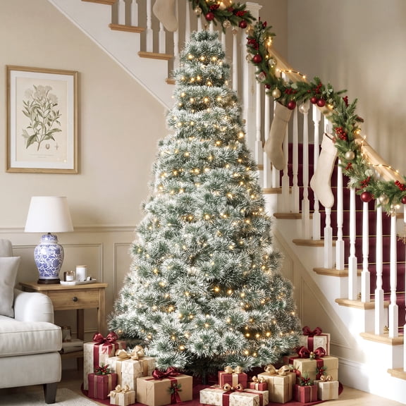 EDX 4.5ft Pre-lit Snow Flocked Artificial Christmas Tree, Prelighted Artificial Xmas Tree, With 347 Branch Tips, 120 LED Lights & Foldable Base, For Home, Office, Party Decoration