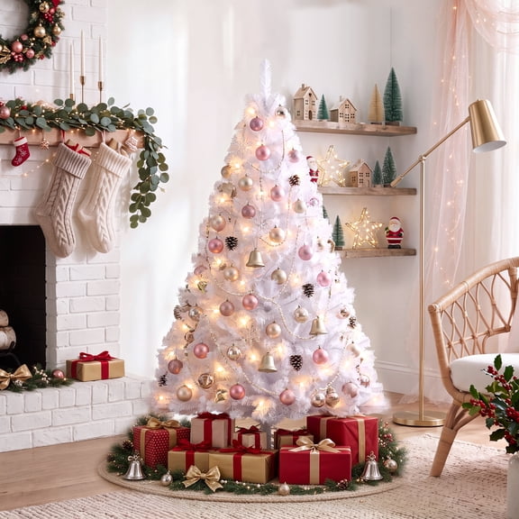 edx 4.5ft Pre-lit White Christmas Tree, White Artificial Xmas Tree with 120 Warm White LED Lights, 268 Branch Tips & Foldable Base, for Home, Office, Party Decoration