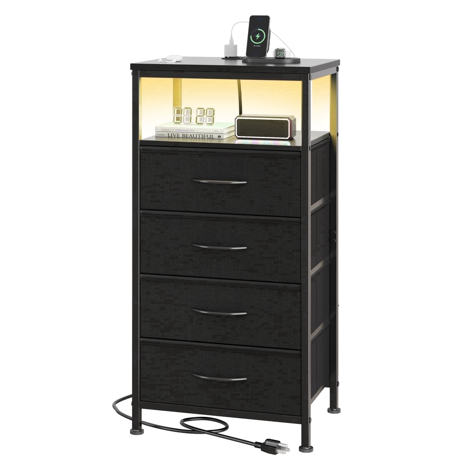 EDX 4 Fabric Drawers Nightstand with Charging Station & USB/Type-C Ports and Outlets, Variable Light Strip Bedside End Table with Adjustable Feet for Bedroom, Black