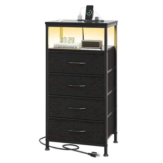 EDX 4 Fabric Drawers Nightstand with Charging Station & USB/Type-C Ports and Outlets, Variable Light Strip Bedside End Table with Adjustable Feet for Bedroom, Black