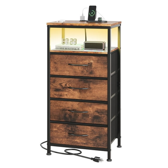 edx 4 Fabric Drawers Nightstand with Charging Station & USB/Type-C Ports and Outlets, Variable Light Strip Bedside End Table with Adjustable Feet for Bedroom, Rust Brown
