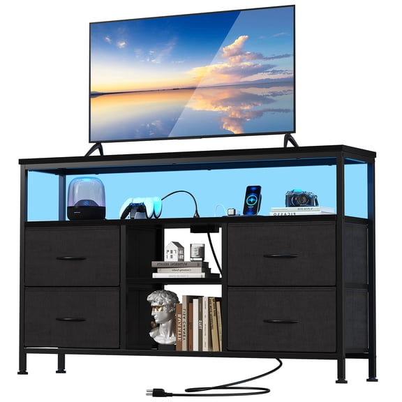 EDX 4 Fabric Drawers for 43‑inch TV, TV Stand with Power Outlets & LED Lights, Entertainment Center for Living Room & Bedroom, Black