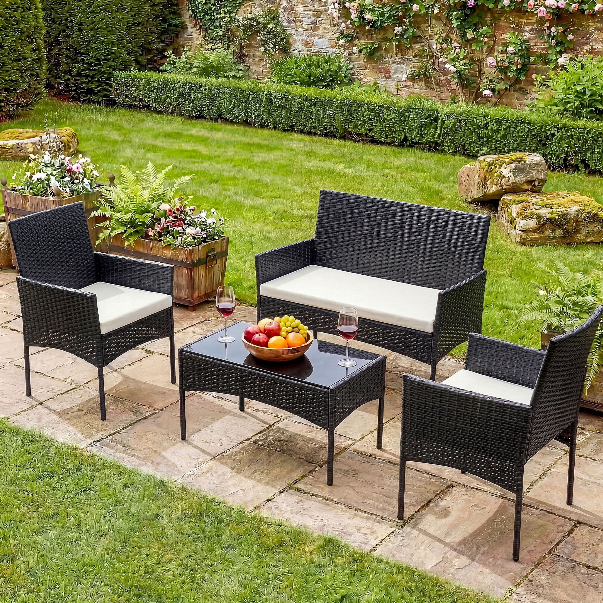 EDX 4 Piece Patio Furniture Set, All-Weather PE Rattan Conversation Set with Black Tempered Glass Coffee Table, Washable Cushions, for Porch Garden Backyard, Black/Beige