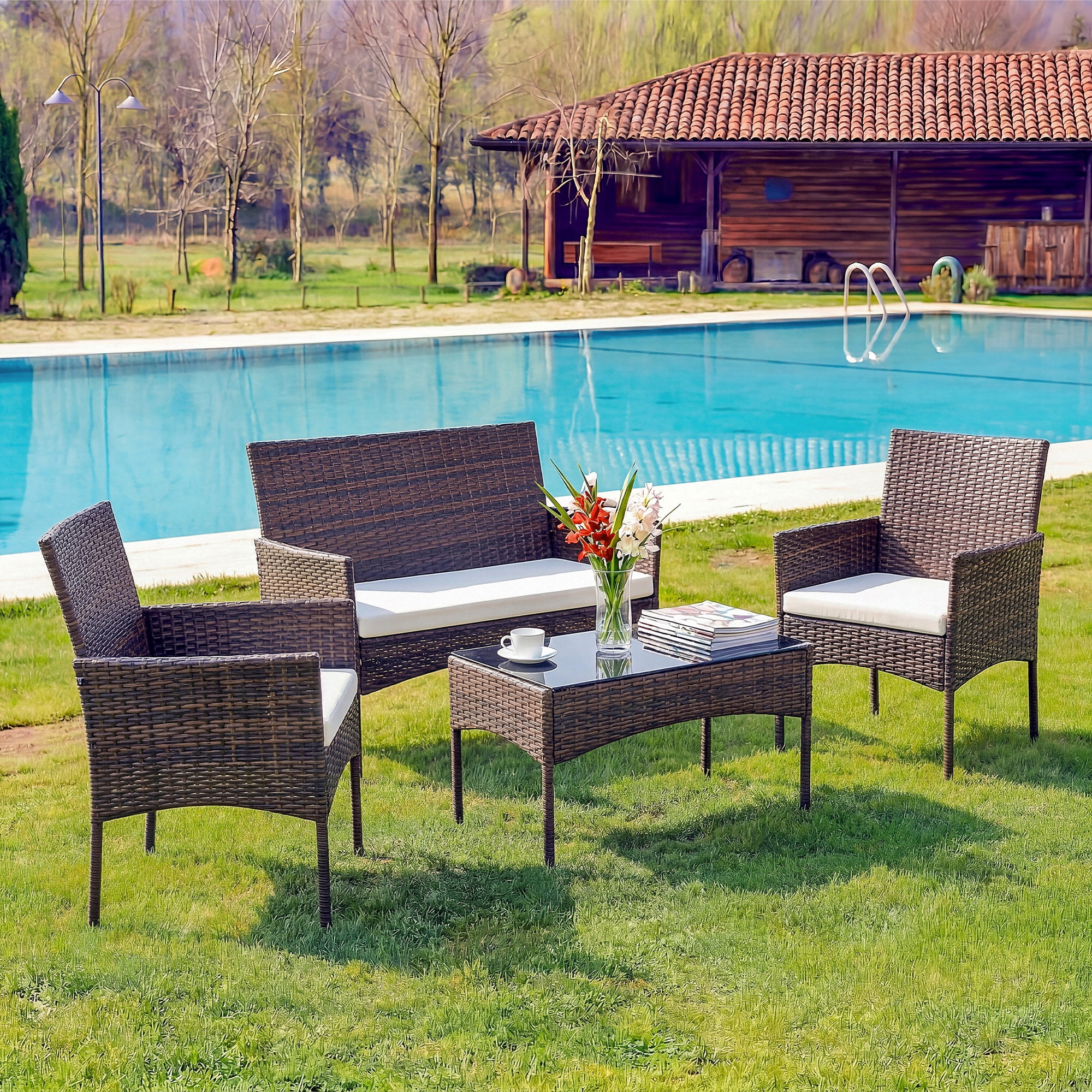 EDX 4 Piece Patio Furniture Set, All-Weather PE Rattan