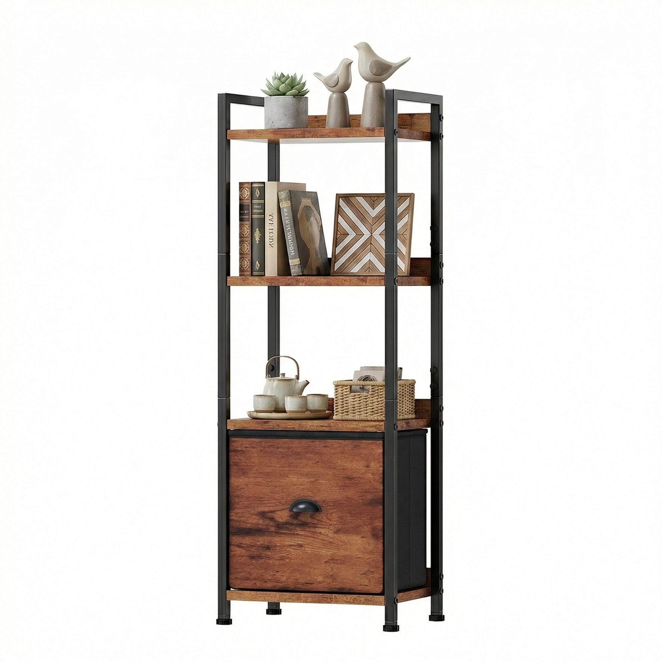 EDX 4 Tier Bookshelf with Drawer, 43''Tall Narrow Bookcase with Shelves, Industrial Display Standing Shelf Unit for Bedroom, Living Room, Rustic Brown