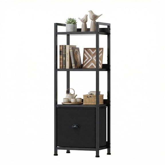 EDX 4 Tier Bookshelf with Drawer, 43''Tall Narrow Bookcase with Shelves, Industrial Display Standing Shelf Unit for Bedroom, Living Room, Black