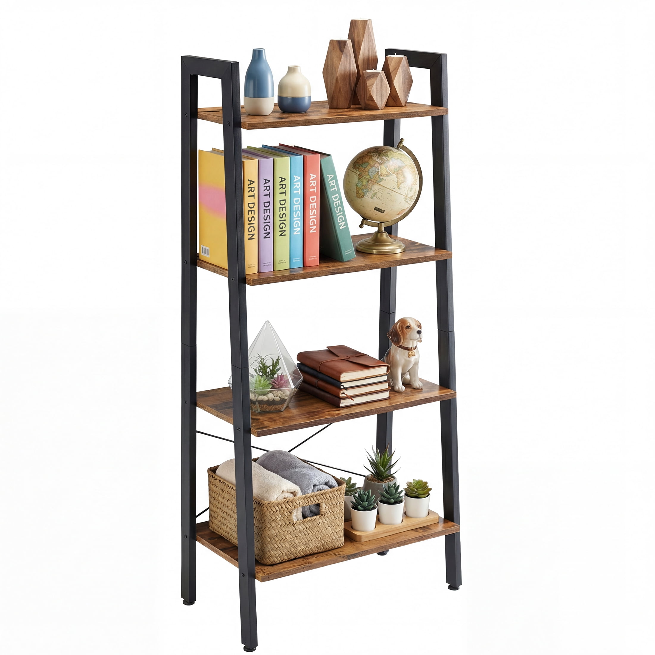 EDX 4-Tier Ladder Shelf, Bookcase Storage & Display Shelf , Corner Bookshelf for Living Room, Balcony, Home Office, Rust