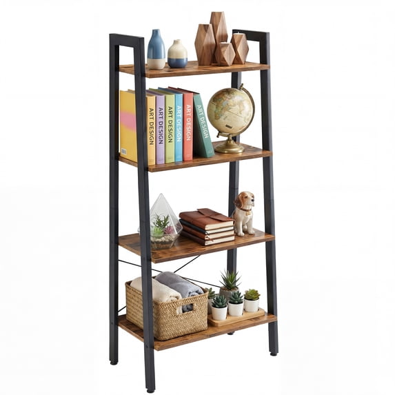 EDX 4-Tier Ladder Shelf, Bookcase Storage & Display Shelf , Corner Bookshelf for Living Room, Balcony, Home Office, Rust
