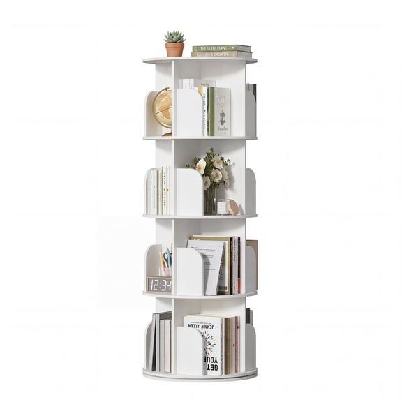 EDX 4 Tier Rotating Bookshelf Tower, Revolving 360 Book Shelf Storage Round Carousel, Vertical Rotate Turning Spiral Corner Organizer, White