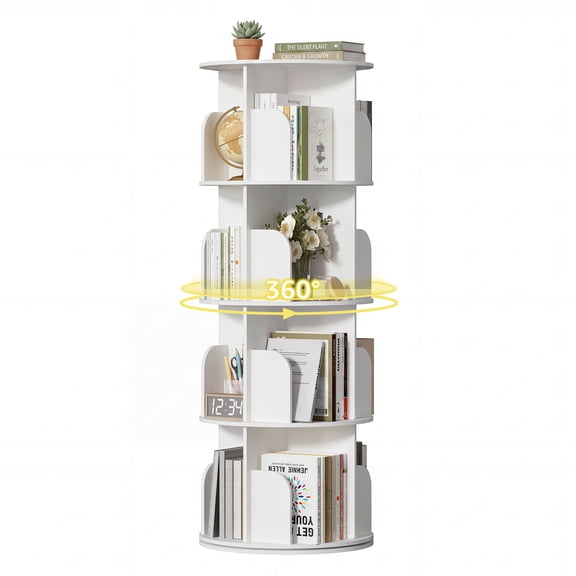 EDX 4 Tier Rotating Bookshelf Tower, Revolving 360 Book Shelf Storage Round Carousel, Vertical Rotate Turning Spiral Corner Organizer, White