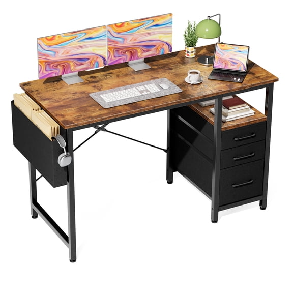 EDX 40 Inch Computer Desk with 3 Drawers,Writing Desk with Side Storage Pocket,for Home Office,Bedroom ,Rustic Brown