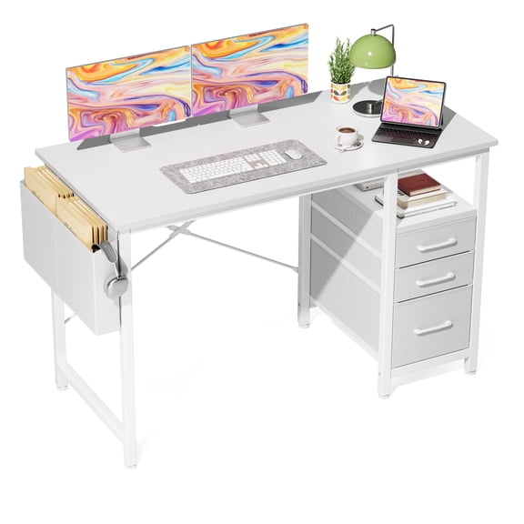 EDX 40 Inch Computer Desk with 3 Drawers,Writing Desk with Side Storage Pocket,for Home Office,Bedroom ,White