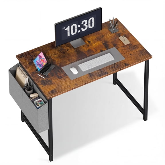 EDX 40" Computer Desk with Metal Frame & Side Storage Bag – Modern Writing Table for Home Office or Study, Rustic Brown