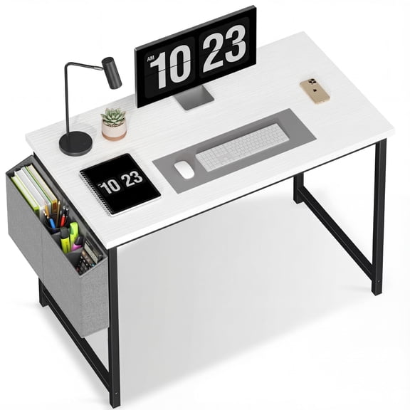 EDX 40" Computer Desk with Metal Frame & Side Storage Bag – Modern Writing Table for Home Office or Study, White