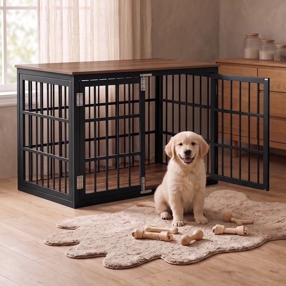 EDX 42 Inch Dog Crate Furniture for Medium Dogs, Wooden Pet Kennel with Double Lock Door, Metal Frame, Indoor Pet Cage, Black & Rustic Wood