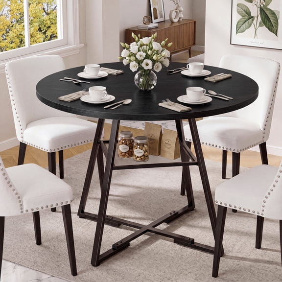 EDX 42In Round Dining Table for 4-6, Circle Kitchen Table with Pedestal Metal Frame Storage, Space Saving Farmhouse Wood Kitchen Table, for Kitchen, Living Room, Black