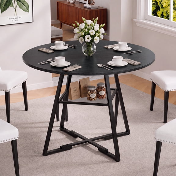 EDX 42In Round Dining Table for 4-6, Circle Kitchen Table with Pedestal Metal Frame Storage, Space Saving Farmhouse Wood Kitchen Table, for Kitchen, Living Room, Black