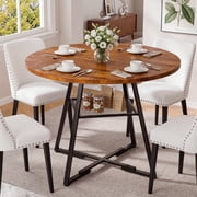 EDX 42In Round Dining Table for 4-6, Circle Kitchen Table with Pedestal Metal Frame Storage, Space Saving Farmhouse Wood Kitchen Table, for Kitchen, Living Room, Rustic Brown