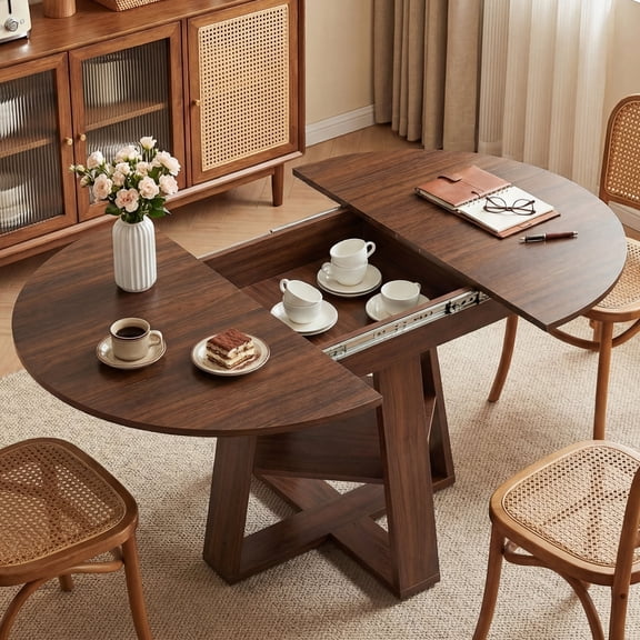 EDX Extendable Round Dining Table, Modern Oval Dining Table with Removable Leaves, Wooden Kitchen Table with Storage Shelf Base, Space Saving for Kitchen Living Room, Walnut