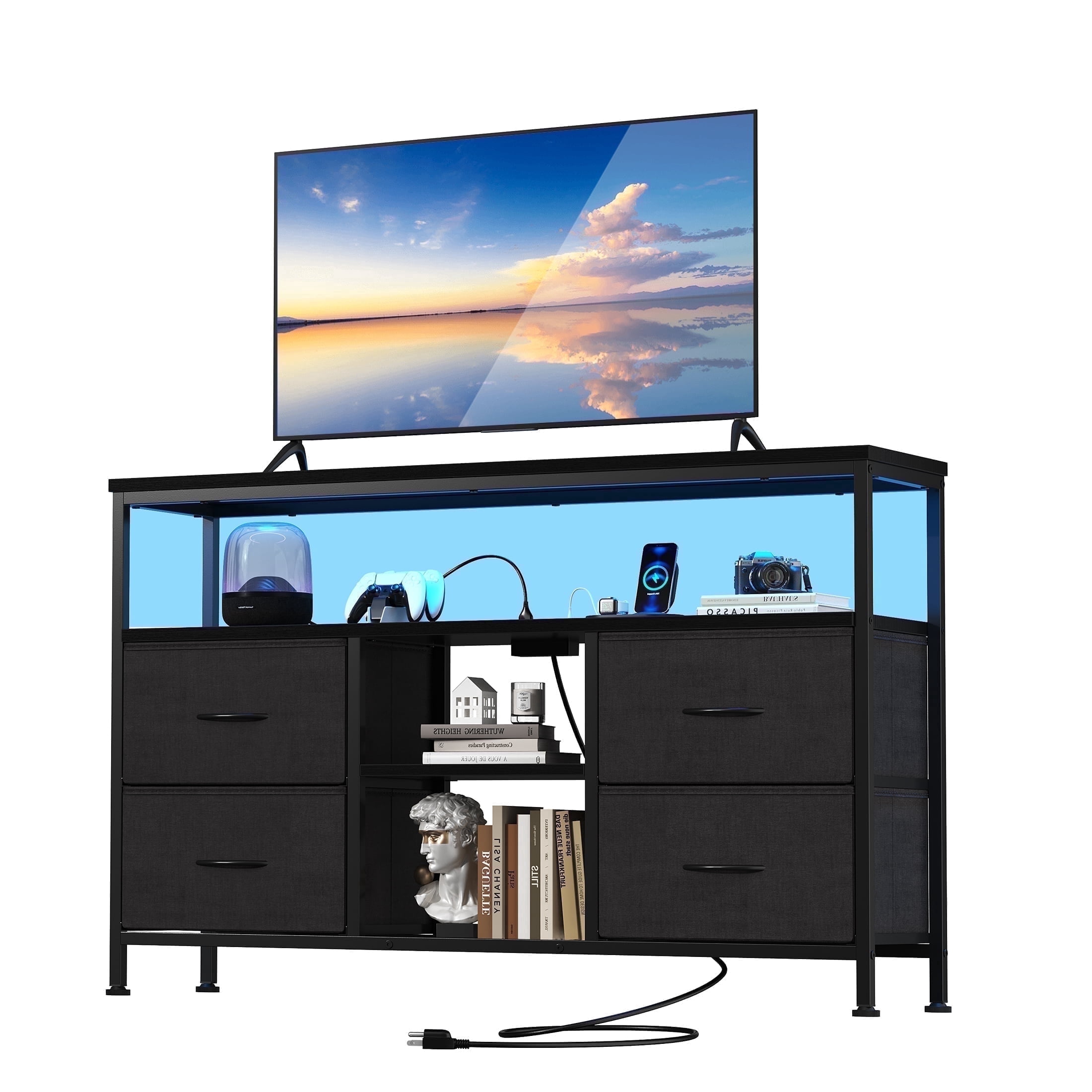 EDX TV Stand with Power Outlets and LED Light for 43-inch TV, Double-layer 4 Fabric Drawers for Living Room/Bedroom, Black