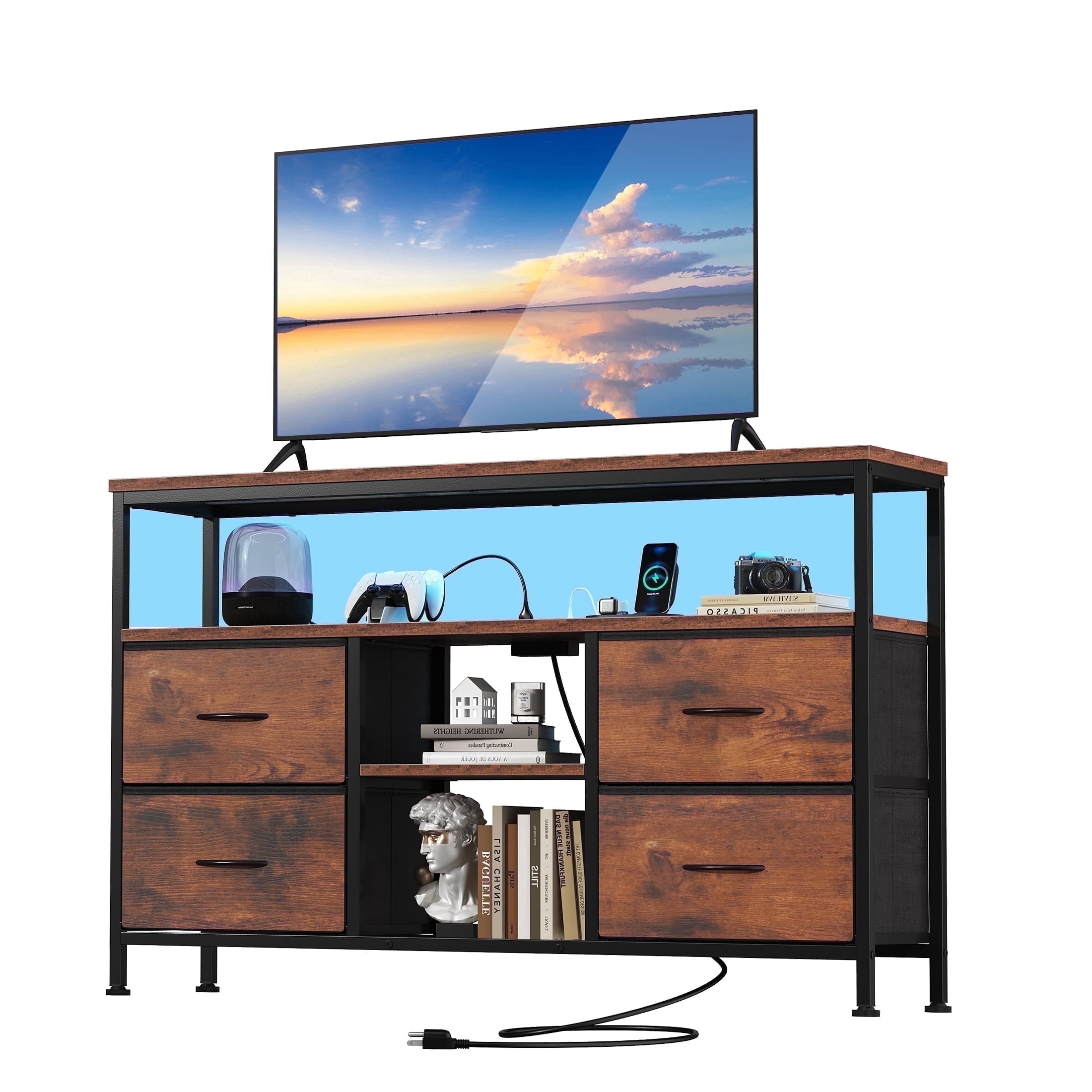EDX TV Stand with Power Outlets and LED Light for 43-inch TV, Double-layer 4 Fabric Drawers for Living Room/Bedroom, Rust