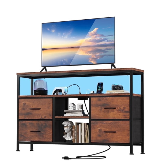 EDX TV Stand with Power Outlets and LED Light for 43-inch TV, Double-layer 4 Fabric Drawers for Living Room/Bedroom, Rust
