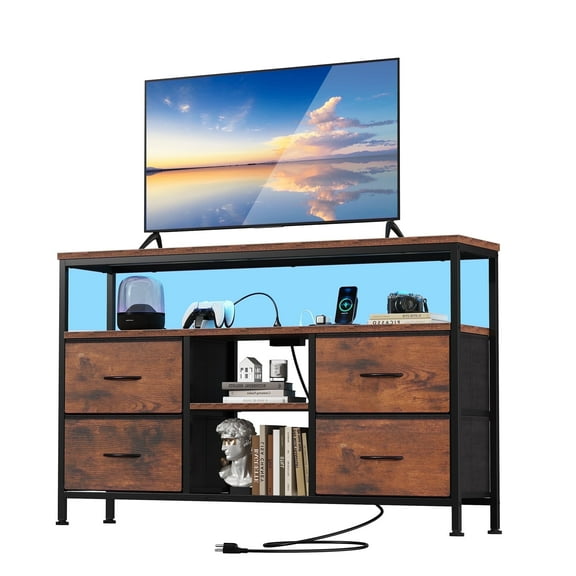 EDX TV Stand with Power Outlets and LED Light, for 43-inch TV, Double-layer 4 Fabric Drawers , Media Console with Storage for Living Room or Bedroom, Rust