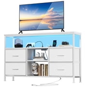 EDX 4 Fabric Drawers for 43‑inch TV, TV Stand with Power Outlets & LED Lights, Entertainment Center for Living Room & Bedroom, White