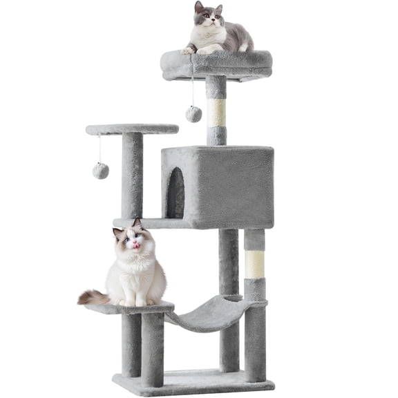 EDX 44" Cat Tree Tower for Indoor Cats, Multi-Level Durable Climbing Tower, Pet House with Natural Sisal Scratching Post, Cozy Condo, Extended Platform, Kitten Toy and Hammock, Light Grey