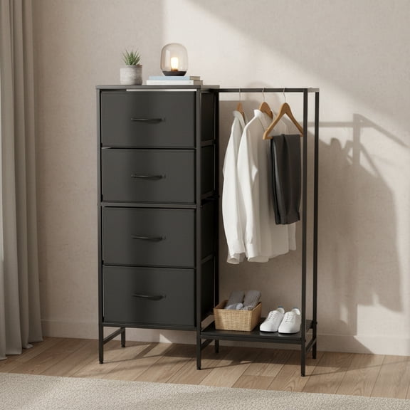 EDX 44"H Dresser with Hanging Rack, 4 Drawers Small Closet for Bedroom, Can be assembled by flipping left and righte Clothes Rack, Sturdy Frame, Black