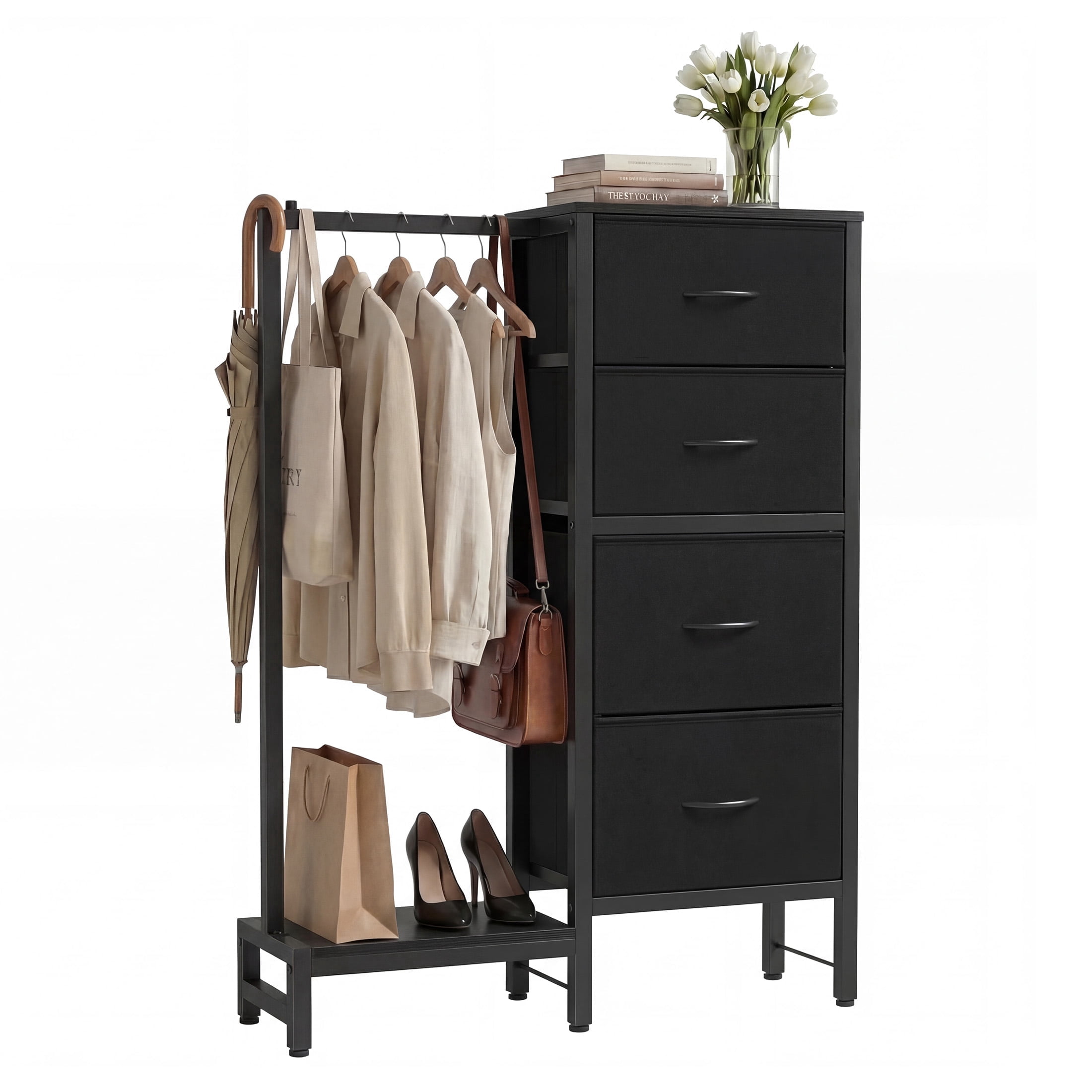 EDX 44"H Dresser with Hanging Rack, 4 Drawers Small Closet for Bedroom, Can be assembled by flipping left and righte Clothes Rack, Sturdy Frame, Black