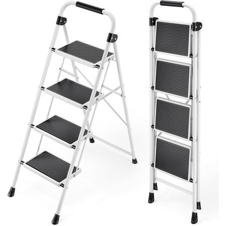 edx 4-Step Folding Step Stool for Adults - 330 Lbs Capacity, Sturdy Steel Frame, Wide Non-Slip Pedal & Top Handrail, Lightweight Portable Ladder for Home Kitchen, Black