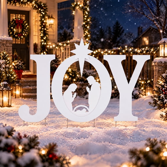 EDX 46in Christmas JOY Yard Decoration, Outdoor Nativity Scene with PVC Letters, Holy Family Silhouette and Ground Stakes for Lawn, Garden and Holiday Decor, White