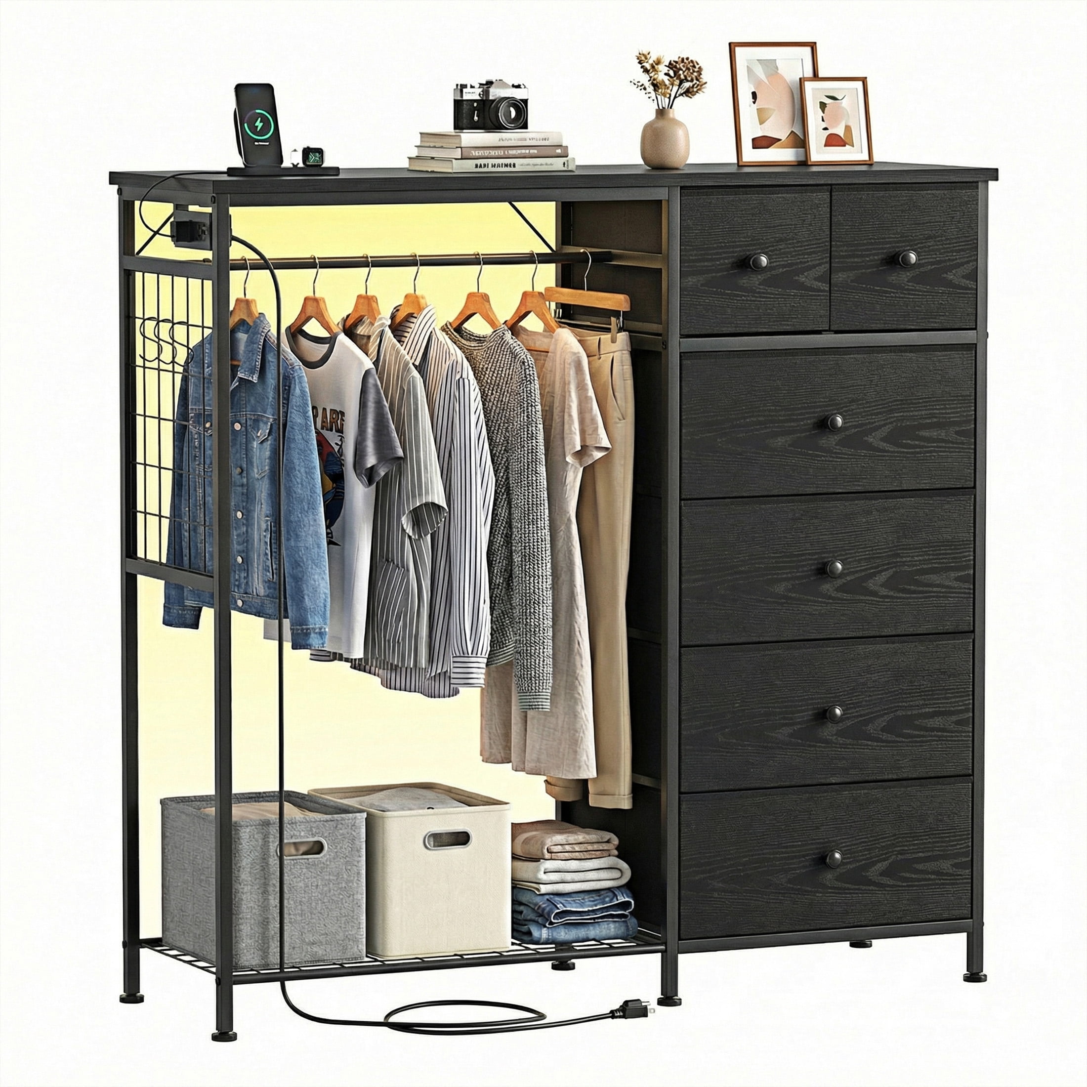 EDX 47.2" H Dresser for Bedroom with Hanging Rack, 6 Drawers Dresser with LED Lights & Charging Station, Fabric Dressers & Chest of Drawers with Rack, Wooden Top, Grid Panel,Black Wood Grain Print