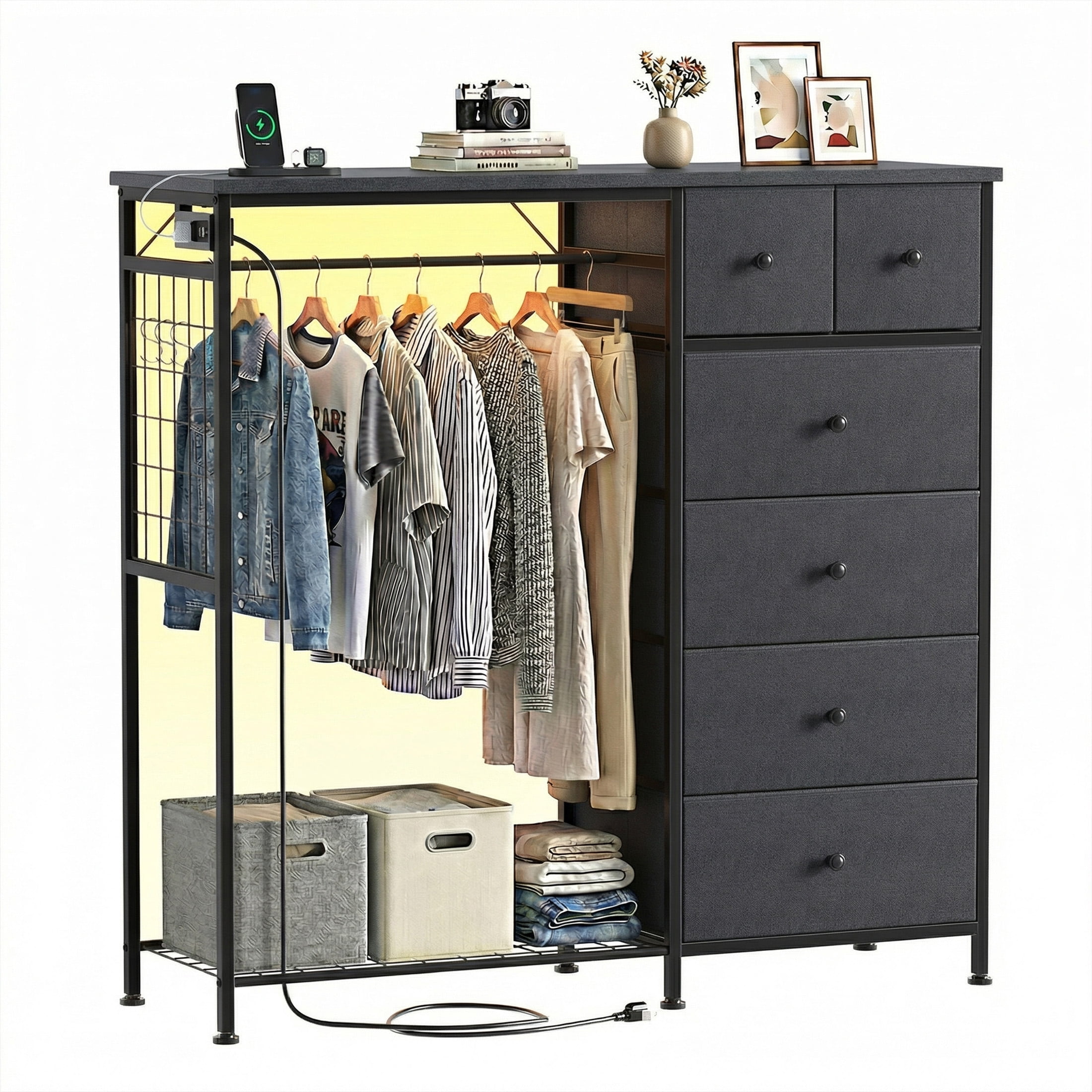 EDX 47.2" H Dresser for Bedroom with Hanging Rack, 6 Drawers Dresser with LED Lights & Charging Station, Fabric Dressers & Chest of Drawers with Rack, Wooden Top, Grid Panel,Gray
