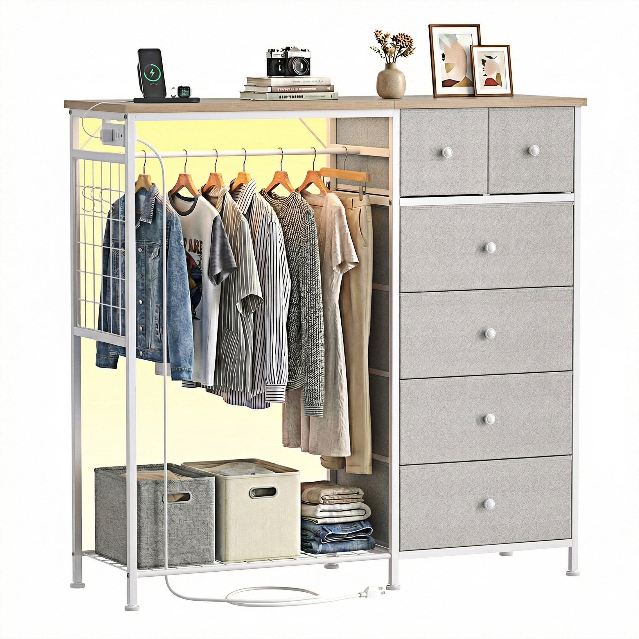 EDX 47.2" H Dresser for Bedroom with Hanging Rack, 6 Drawers Dresser with LED Lights & Charging Station, Fabric Dressers & Chest of Drawers with Rack, Wooden Top, Grid Panel,LightGray