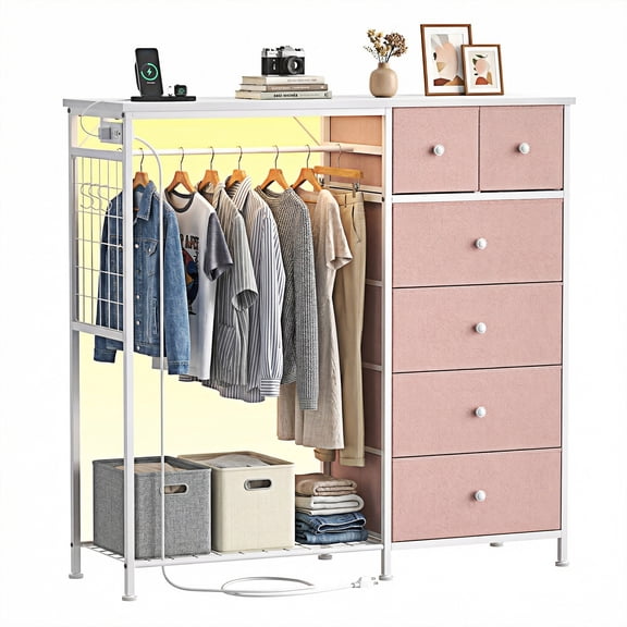 EDX 47.2" H Dresser for Bedroom with Hanging Rack, 6 Drawers Dresser with LED Lights & Charging Station, Fabric Dressers & Chest of Drawers with Rack, Wooden Top, Grid Panel,Pink