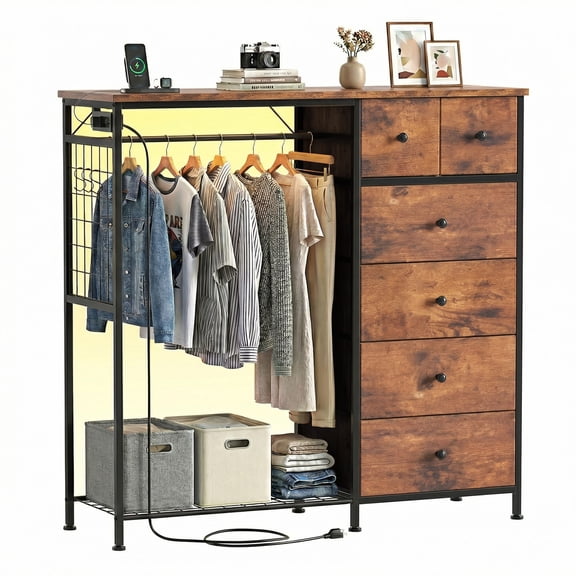 EDX 47.2" H Dresser for Bedroom with Hanging Rack, 6 Drawers Dresser with LED Lights & Charging Station, Fabric Dressers & Chest of Drawers with Rack, Wooden Top, Grid Panel,Rustic Brown