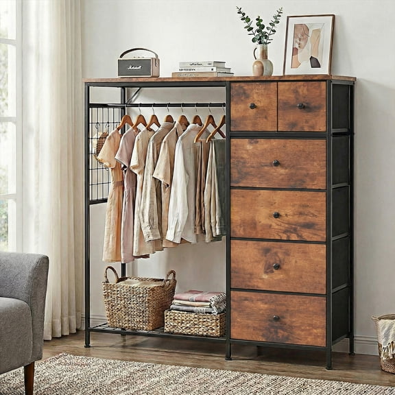 EDX 47.2" H Dresser for Bedroom with Hanging Rack, 6 Drawers Dresser with LED Lights & Charging Station, Fabric Dressers & Chest of Drawers with Rack, Wooden Top, Grid Panel,Rustic Brown