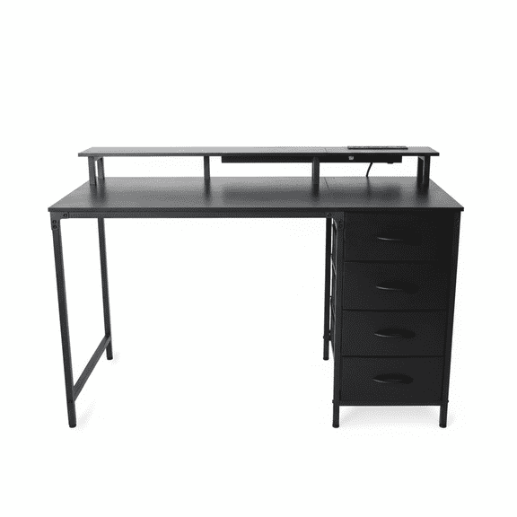 EDX 47 Inch Computer Desk with Power Outlets and LED Lights, Gaming Desk with 4 Drawers, Office Desk with Monitor Stand, Study Work Home Office, Small Spaces, Black